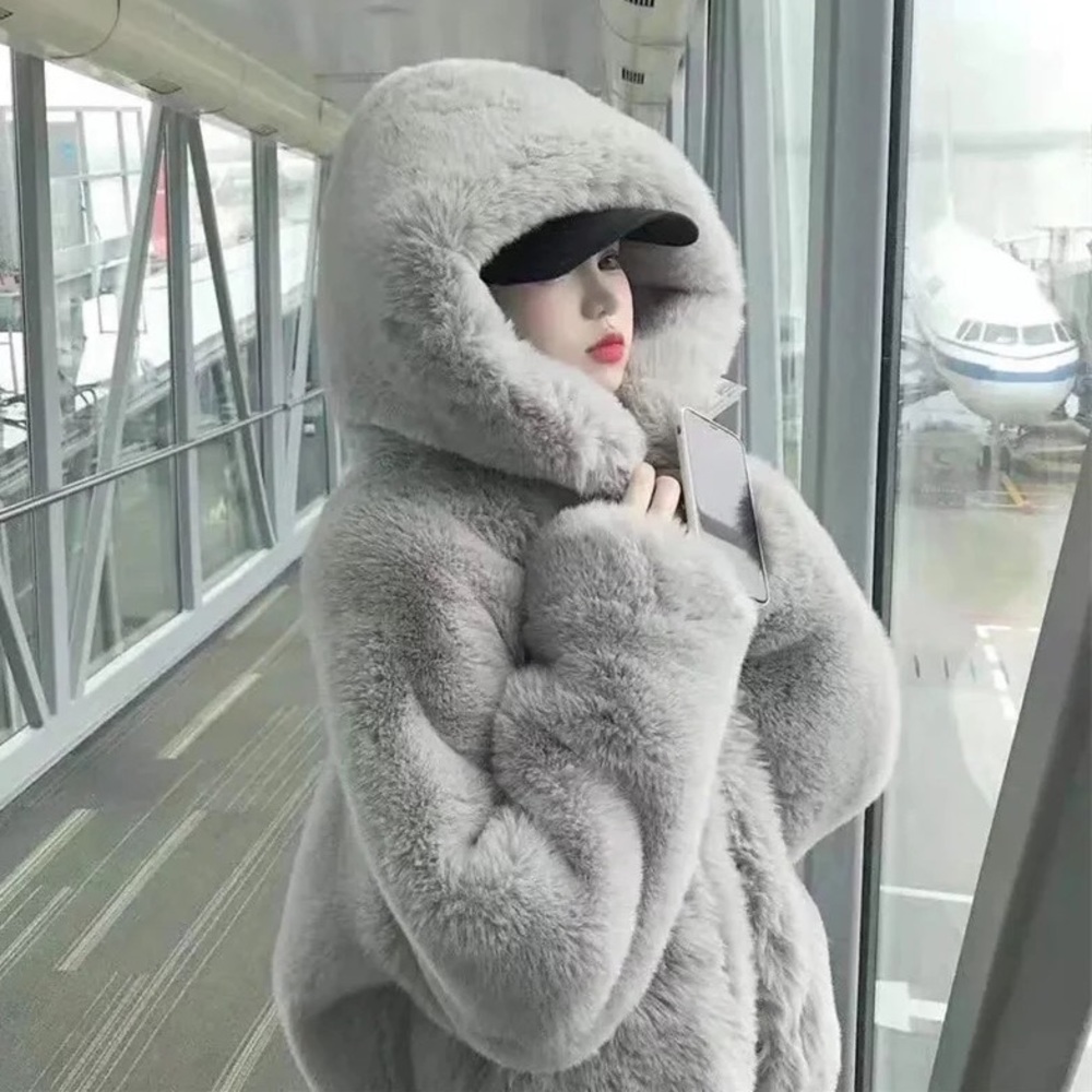 Fur coat gray zipper hoodie jacket womens pocket fuzzy faux fur hoodie